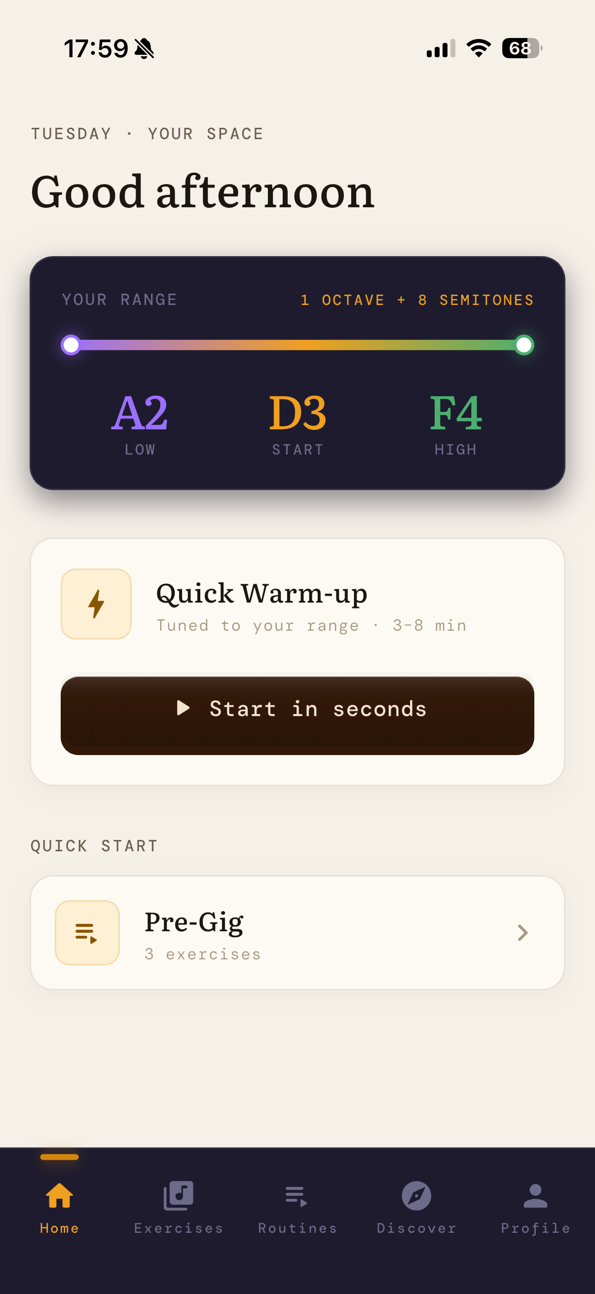 Singing Warmup home screen showing a detected vocal range and personalized warm-up