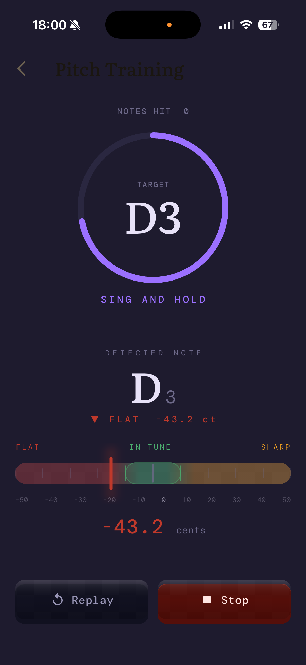 Live pitch meter showing the detected note, pitch accuracy in cents, and an in-tune streak