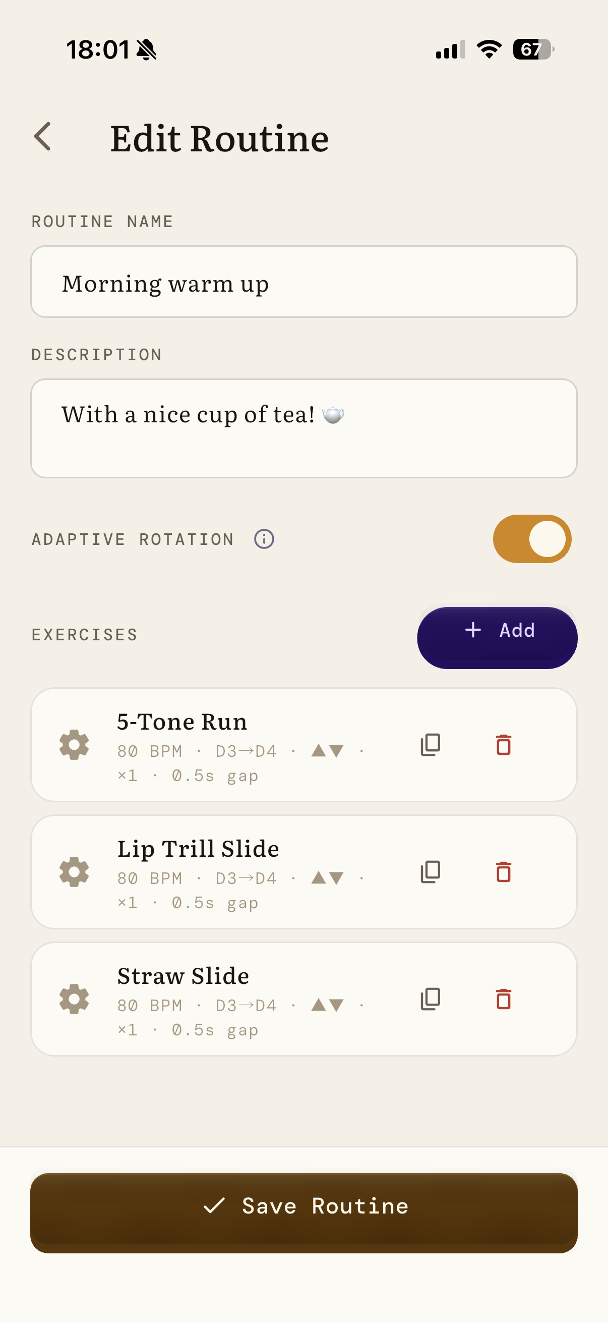 Singing Warmup routine editor with a customizable list of vocal exercises
